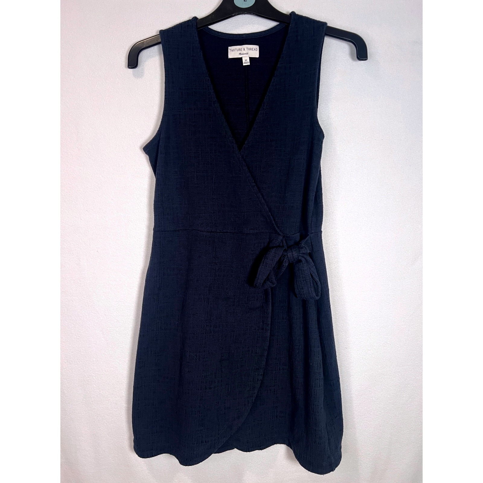 Texture & Thread Madewell Navy Blue Crosshatch Side Tie Faux Wrap Dress Size Xs